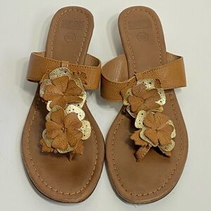 Geox Women’s Artisan Sandal Flip Flops Thong Brown Leather Gold Flower Size 8.5